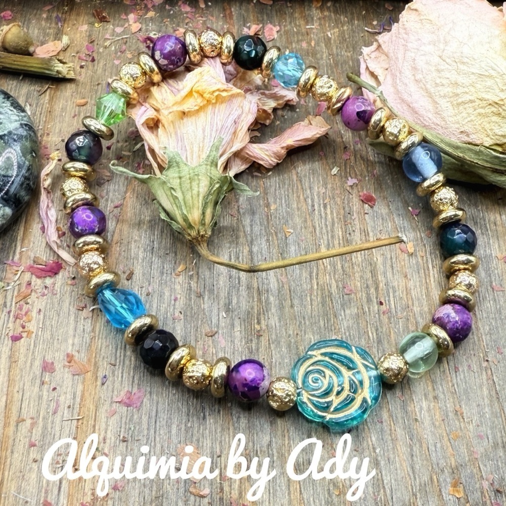 Gold purple gemstones handmade beaded bracelet